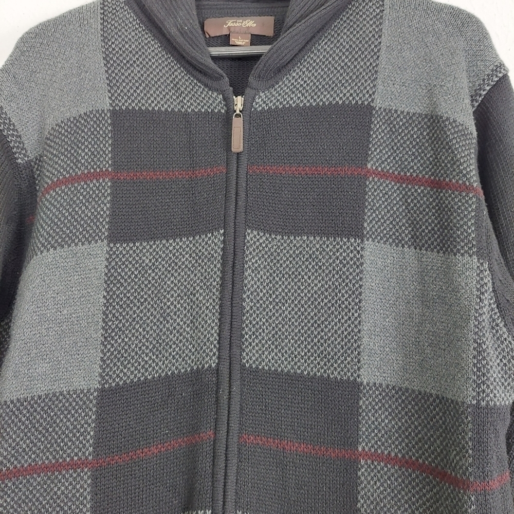 Tasso Elba Men's Size Large Zip-Front Cardigan Sweater Black Gray Plaid Pockets‎ - Picture 5 of 10